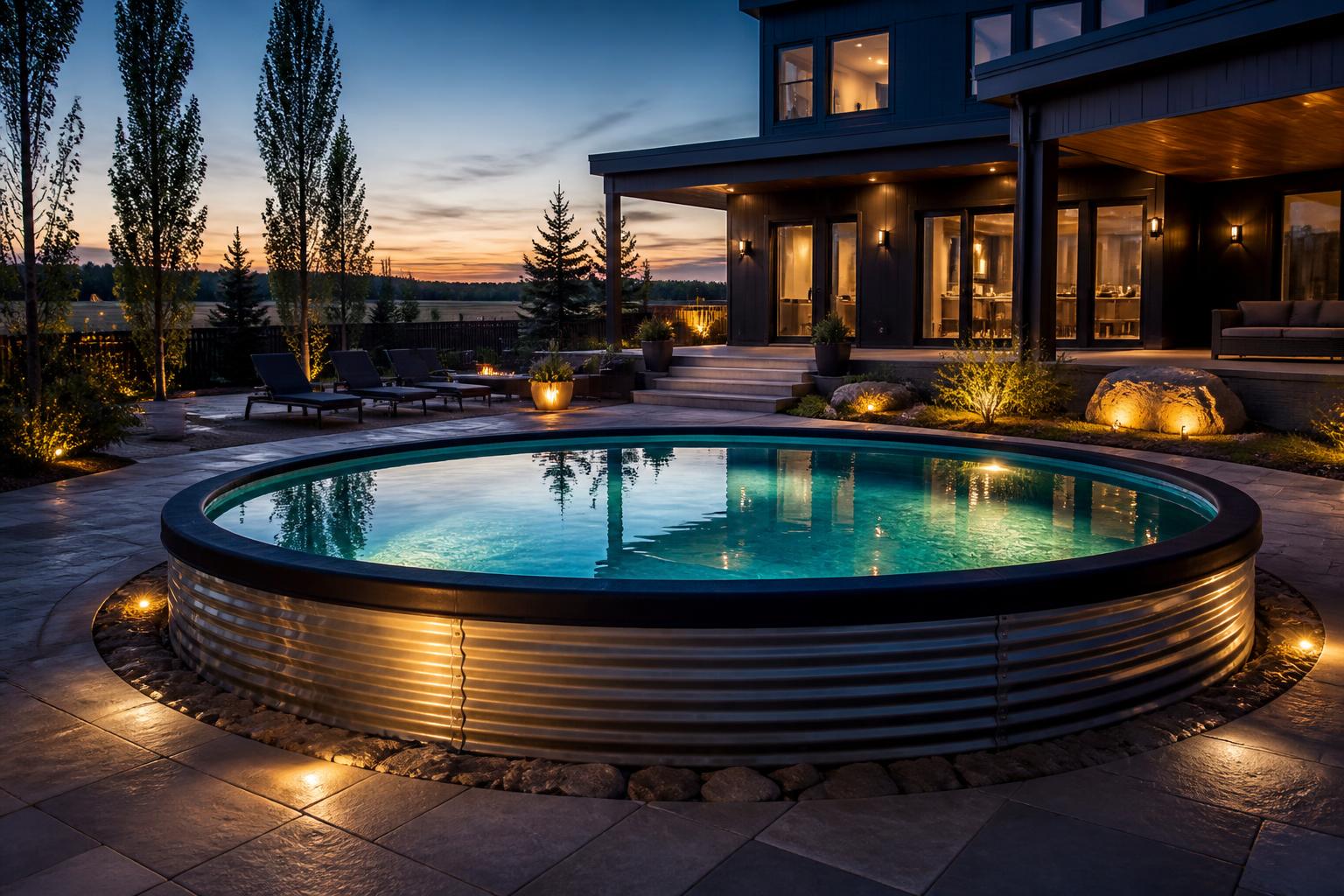 Luxury Poolzebo inground pool at twilight in a modern Manitoba backyard
